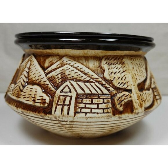 VTG Sunrise Brown Pottery Carved Clay Lid Houses Trees Outdoor 3D Design Glazed - Picture 10 of 12